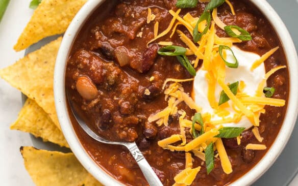 crockpot chili in bowl