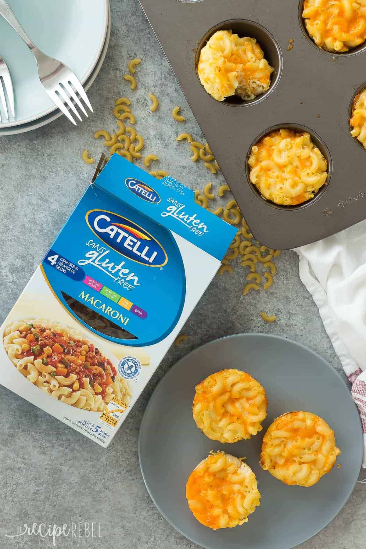 overhead image of mac and cheese cups and catelli gluten free macaroni with box