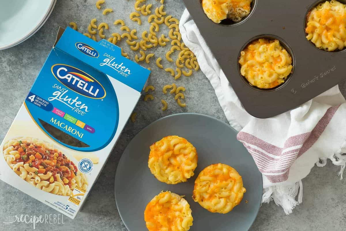 pan of baked mac and cheese cups with catelli gluten free macaroni