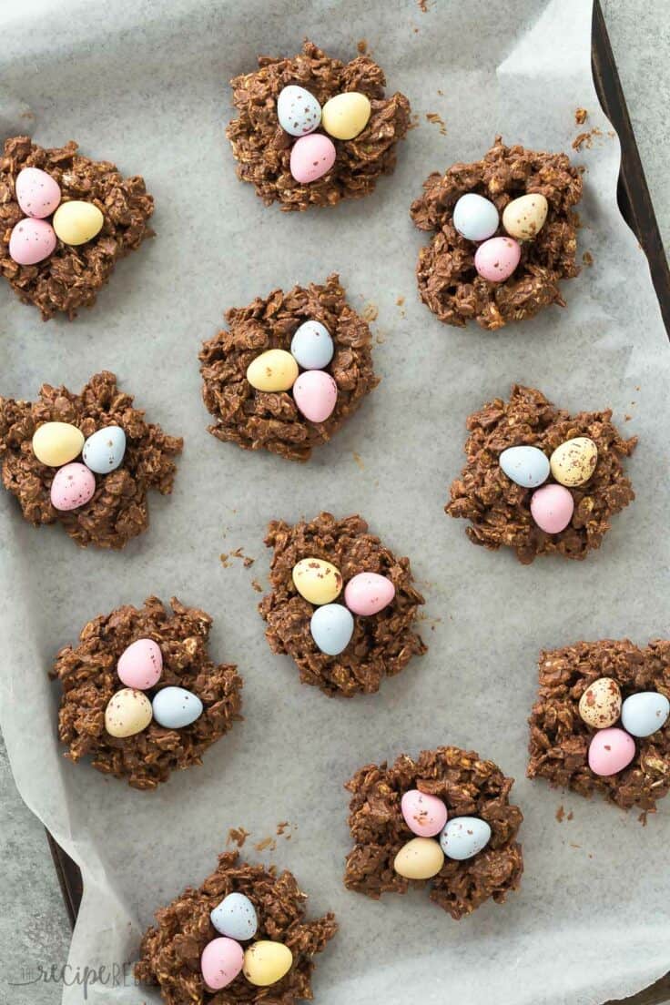 no bake birds nest cookies overhead on a sheet pan lined with parchment paper