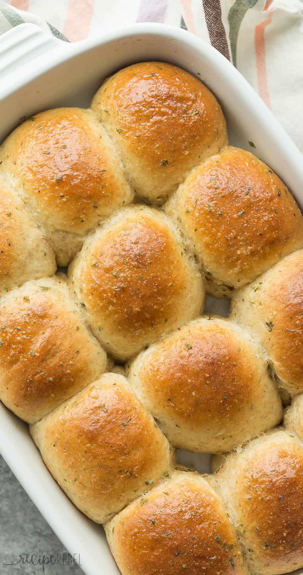 overhead image of garlic herb dinner rolls