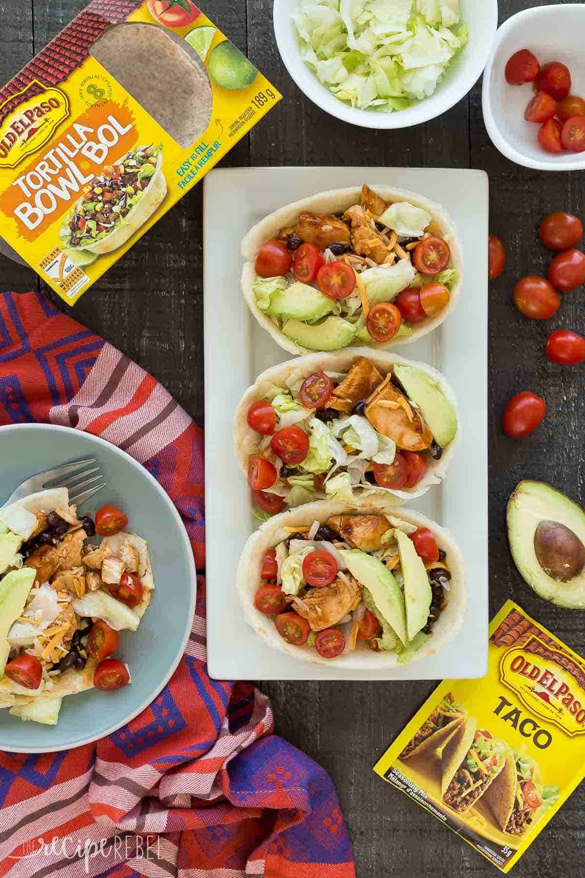 prepped bbq chicken taco bowls overhead with tortilla bowl package