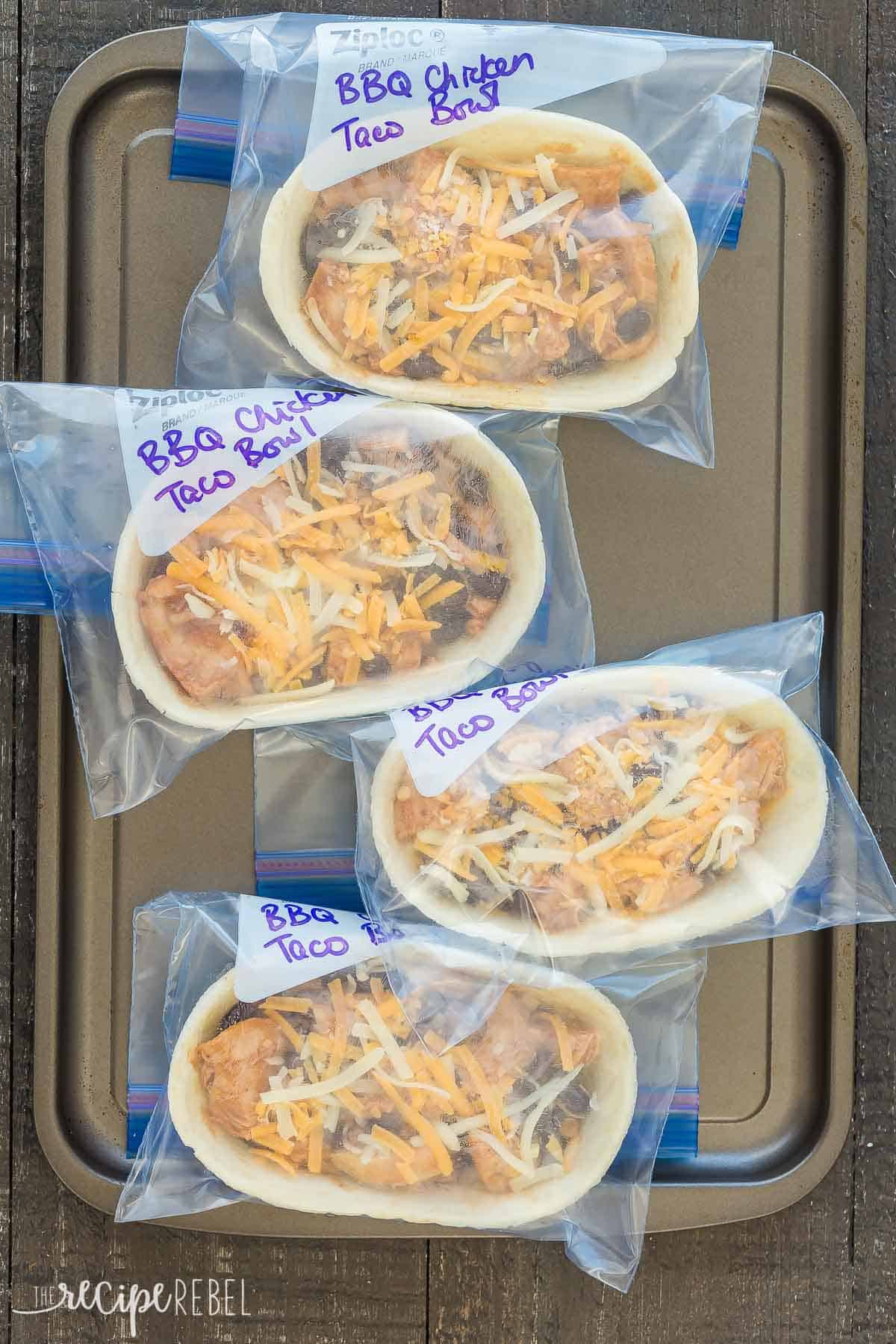 bbq chicken taco bowls in freezer bags ready to freeze