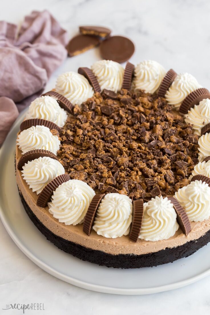 This No Bake Peanut Butter Cup Cheesecake is perfectly smooth and creamy, and so easy! It is the ultimate dessert for peanut butter and chocolate lovers! Includes step by step recipe video #cheesecake #dessert | no bake cheesecake | no bake desserts | chocolate peanut butter | Reeses whole peanut butter cup cheesecake with whipped cream and chopped reeses