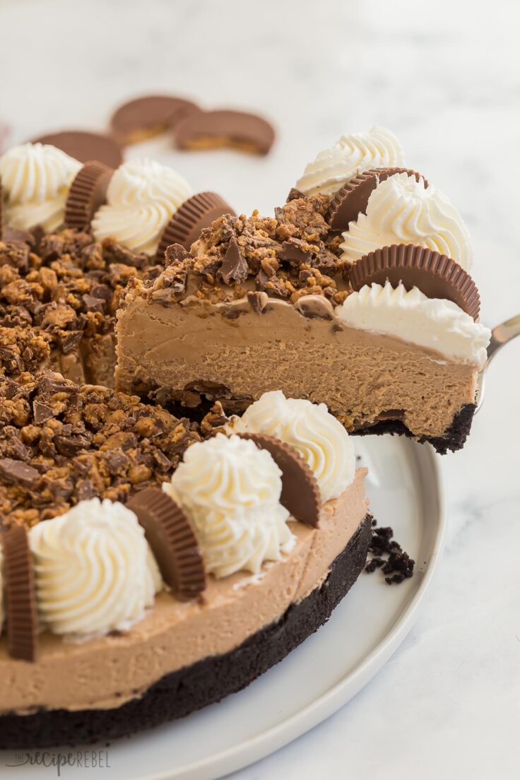 one slice of peanut butter cheesecake being lifted out of whole