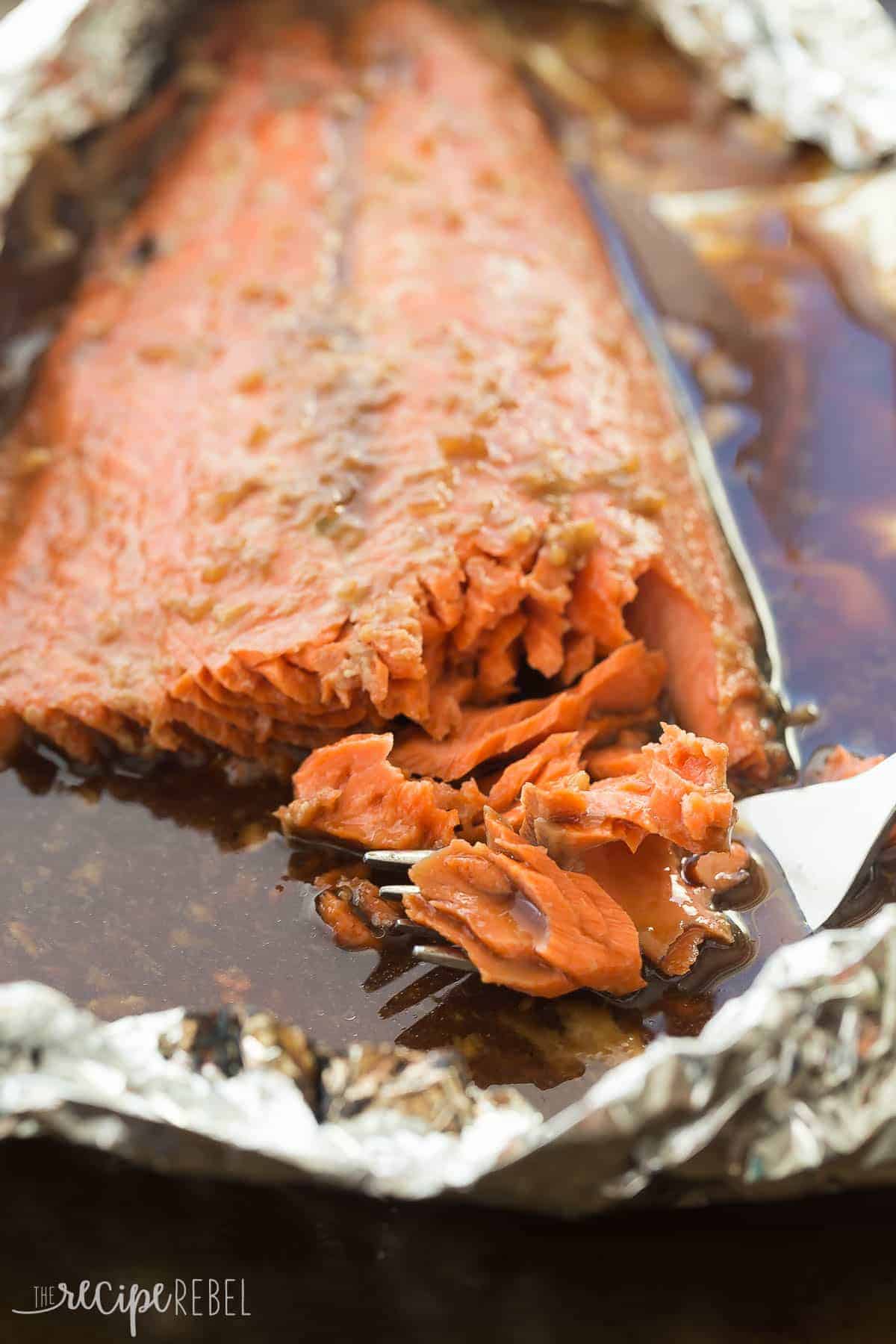 whole salmon filet with honey garlic sauce in foil