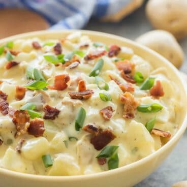 This Classic Potato Salad with Bacon is perfect for all of your summer barbecues and cookouts! It's creamy, tangy and a little smoky with the help of crispy bacon. A make ahead side dish to go with grilled meat! Includes step by step recipe video. | summer salad | summer recipe | barbecue | cookout | grilling | hard boiled eggs