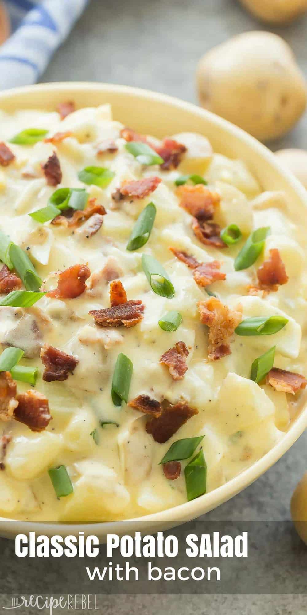 This Classic Potato Salad with Bacon is perfect for all of your summer barbecues and cookouts! It's creamy, tangy and a little smoky with the help of crispy bacon. A make ahead side dish to go with grilled meat! tall image of creamy potato salad with bacon and green onions with title
