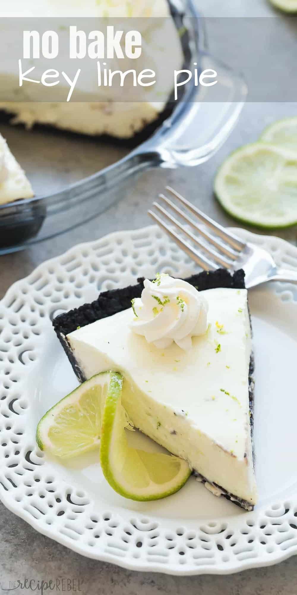 tall image of no bake key lime pie with slice on white plate