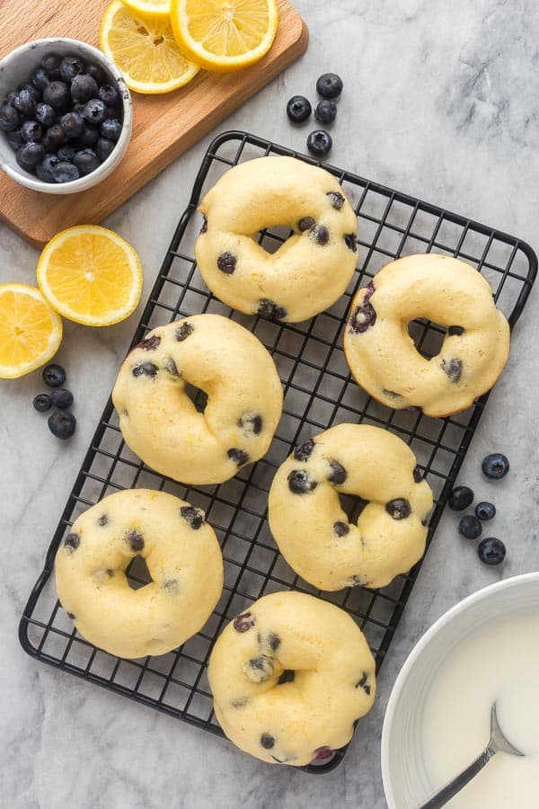 overhead image of baked lemon blueberry donuts with no glaze