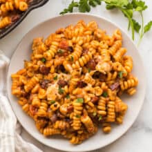 overhead barbecue chicken pasta plate