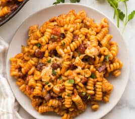 overhead barbecue chicken pasta plate