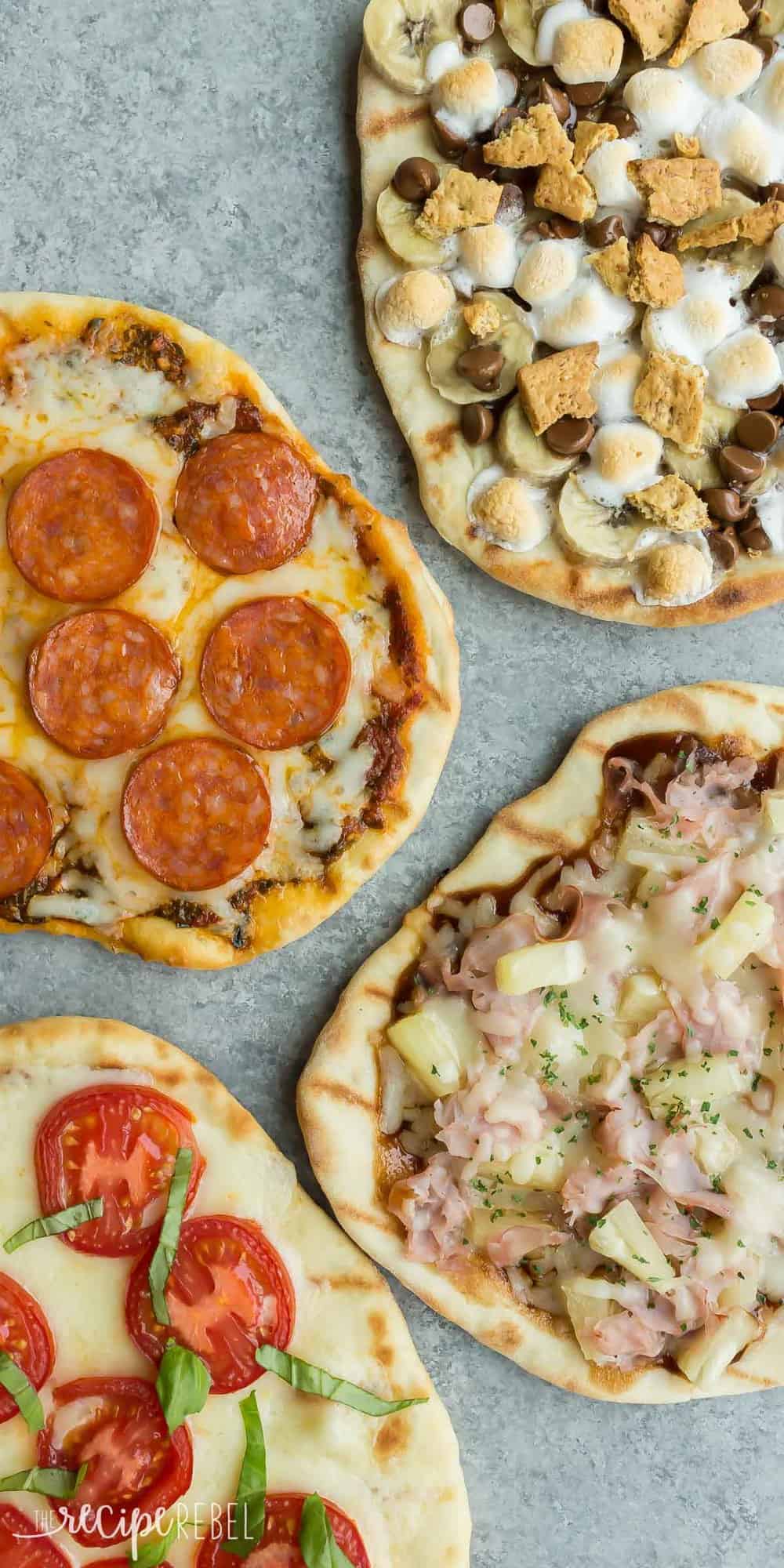 four flavors of grilled pizza overhead on a grey background