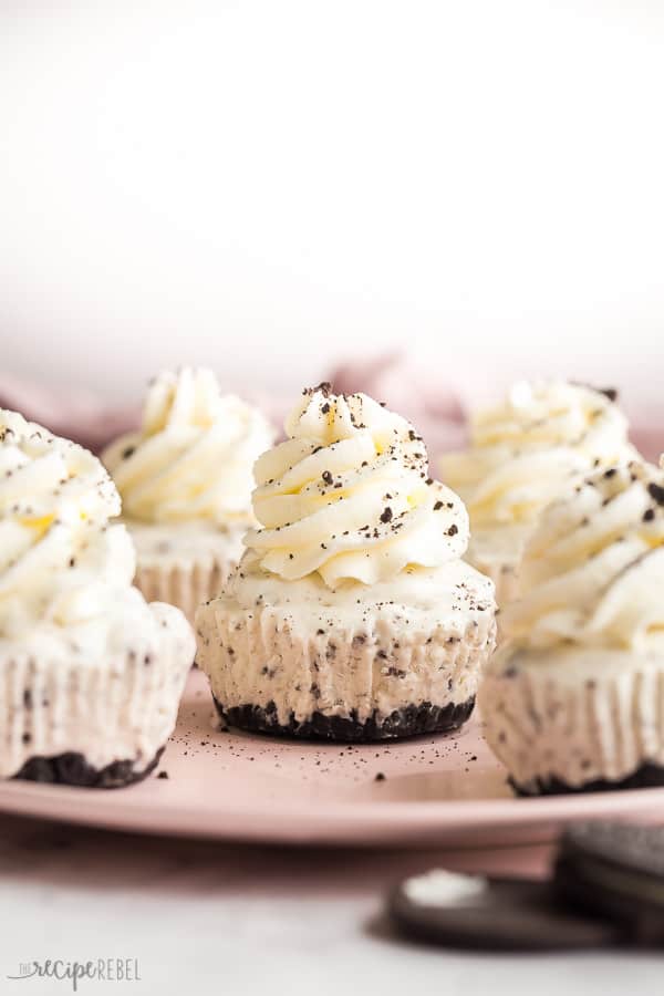 Oreo ice cream cupcakes on a pink plate on a white background