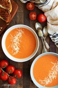 This Easy Roasted Tomato Soup is MUCH better than the can and couldn't be simpler -- perfect for fresh garden tomatoes and herbs! A healthy gluten-free and vegetarian meal with dairy free and vegan options. | soup recipe | healthy recipe | dinner | easy recipe
