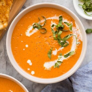 overhead close up image of bowl of roasted tomato soup