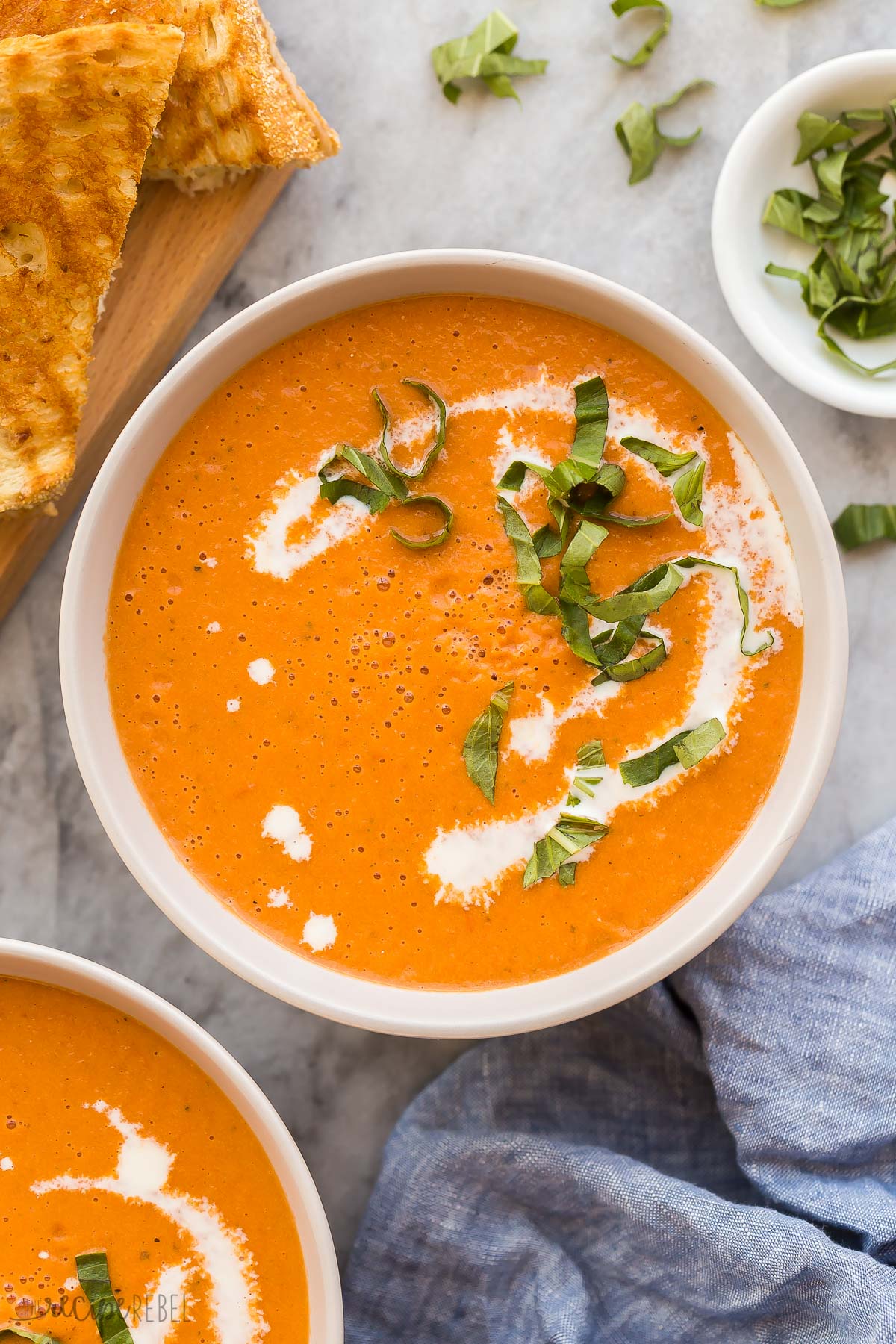 overhead close up image of bowl of roasted tomato soup