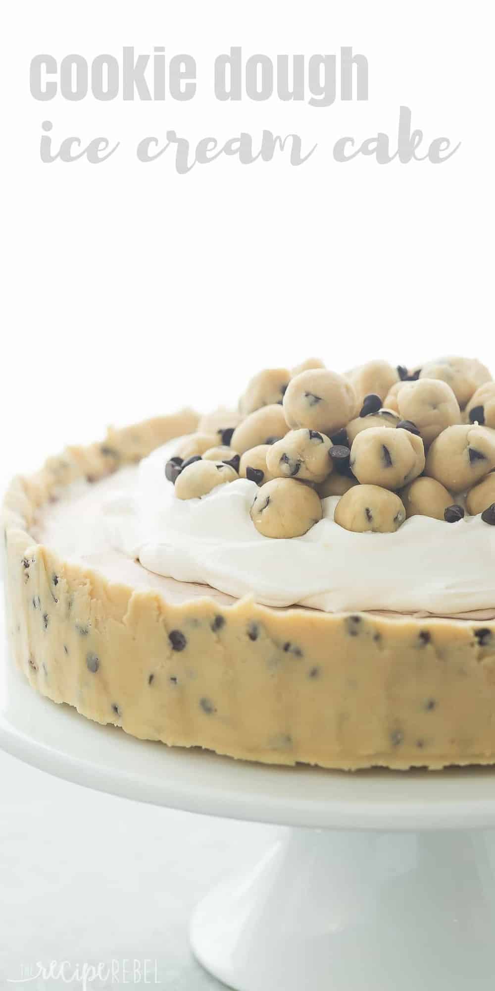 tall close up image of cookie dough ice cream cake with cookie dough balls on top