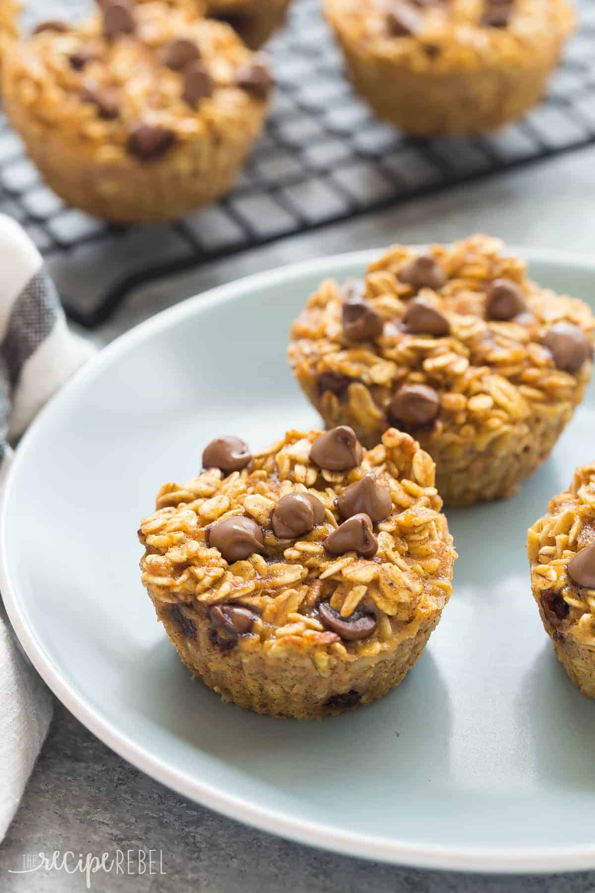 pumpkin chocolate chip baked oatmeal cups on light blue plate with no wrapper