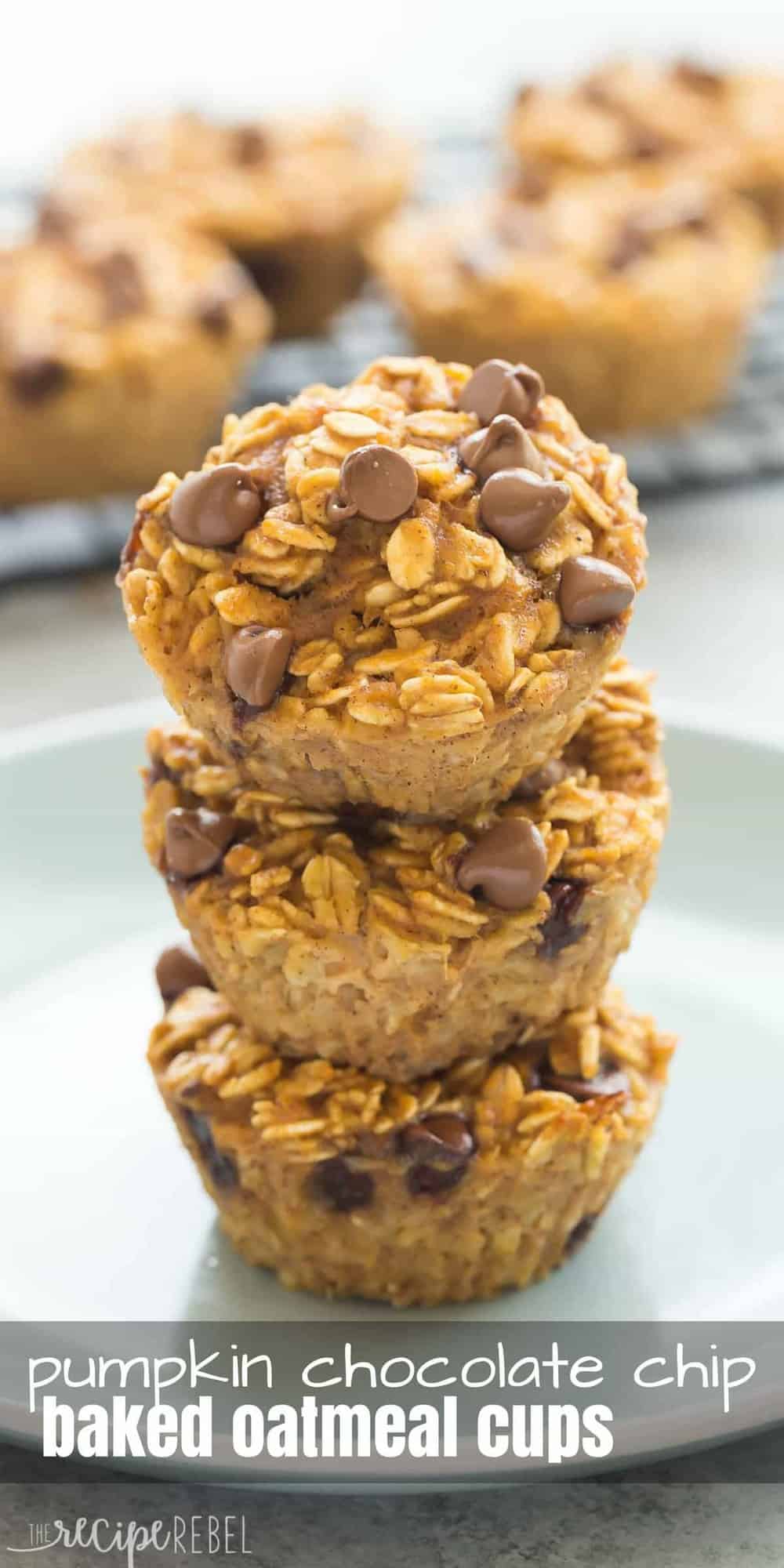 long image of stack of pumpkin oatmeal cups on blue plate