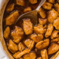 close up image of crockpot lemon chicken in slow cooker