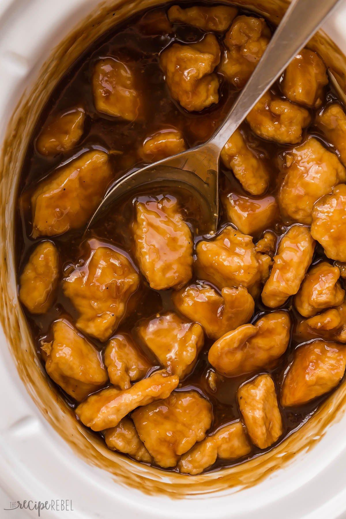 close up image of crockpot lemon chicken in slow cooker