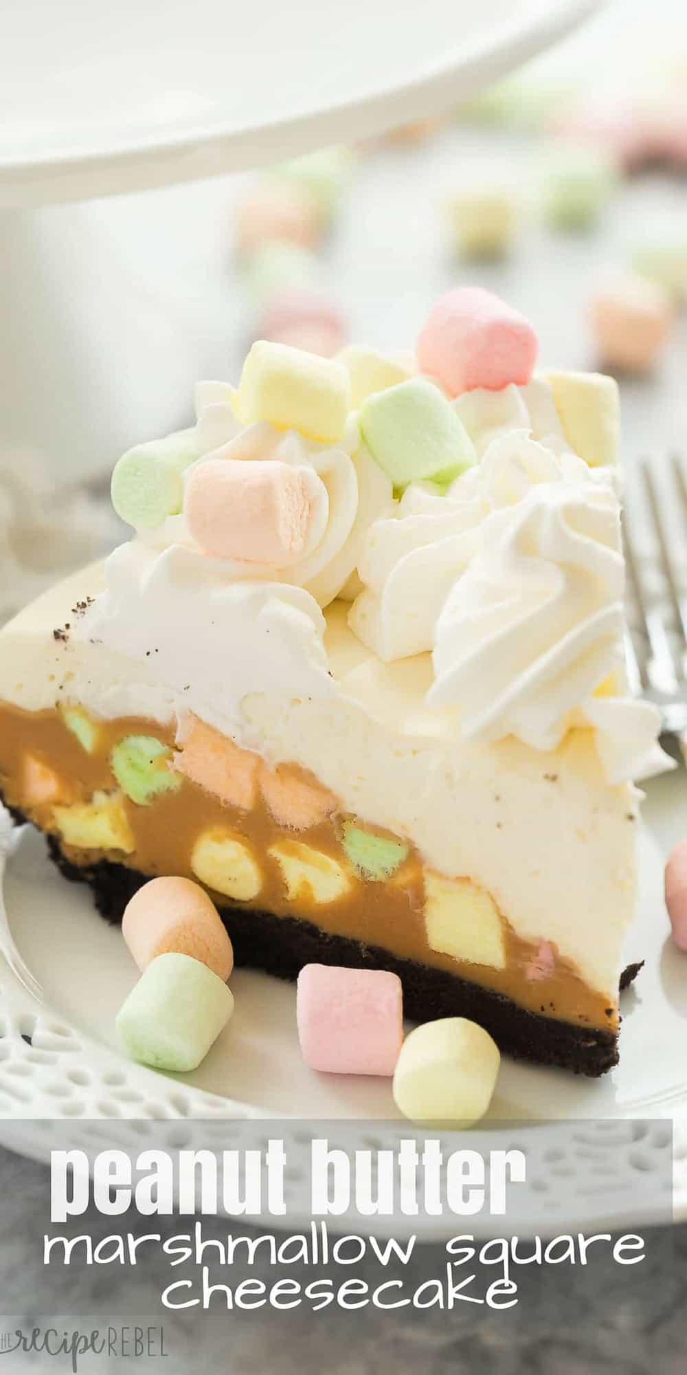 This No Bake Peanut Butter Marshmallow Square Cheesecake is a fun twist on a classic Christmas square! It's an easy dessert your guests will be raving over! Includes step by step recipe video. | no bake dessert | Christmas dessert | Christmas candy | Christmas baking | butterscotch | cream cheese | no bake cheesecake