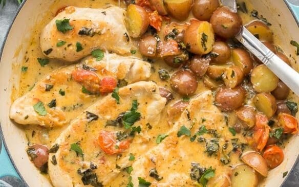 tuscan chicken and potato skillet overhead