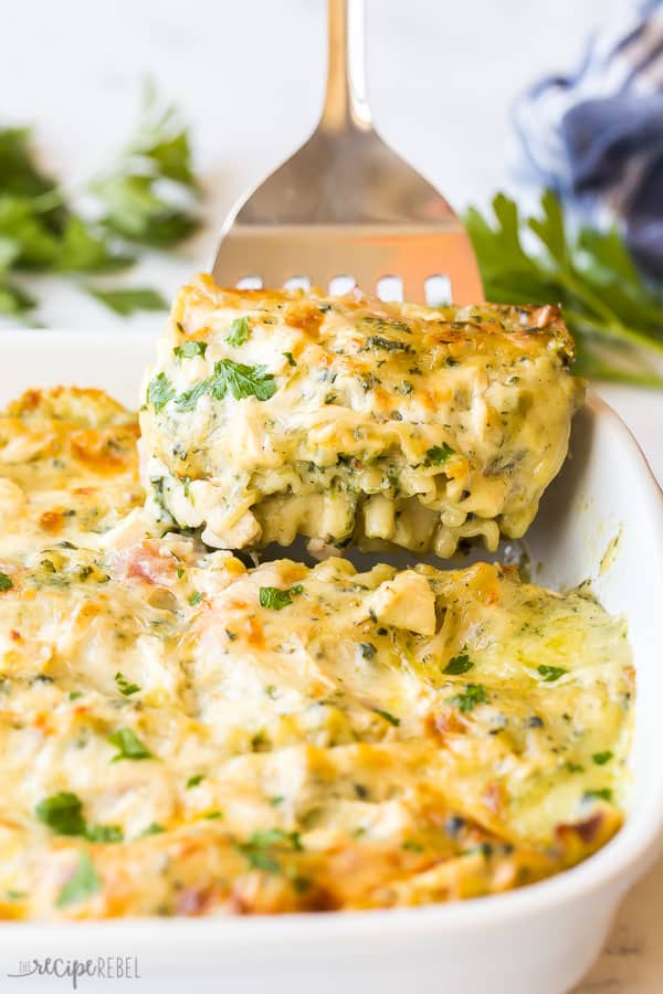 Piece of white lasagna being lifted out of pan