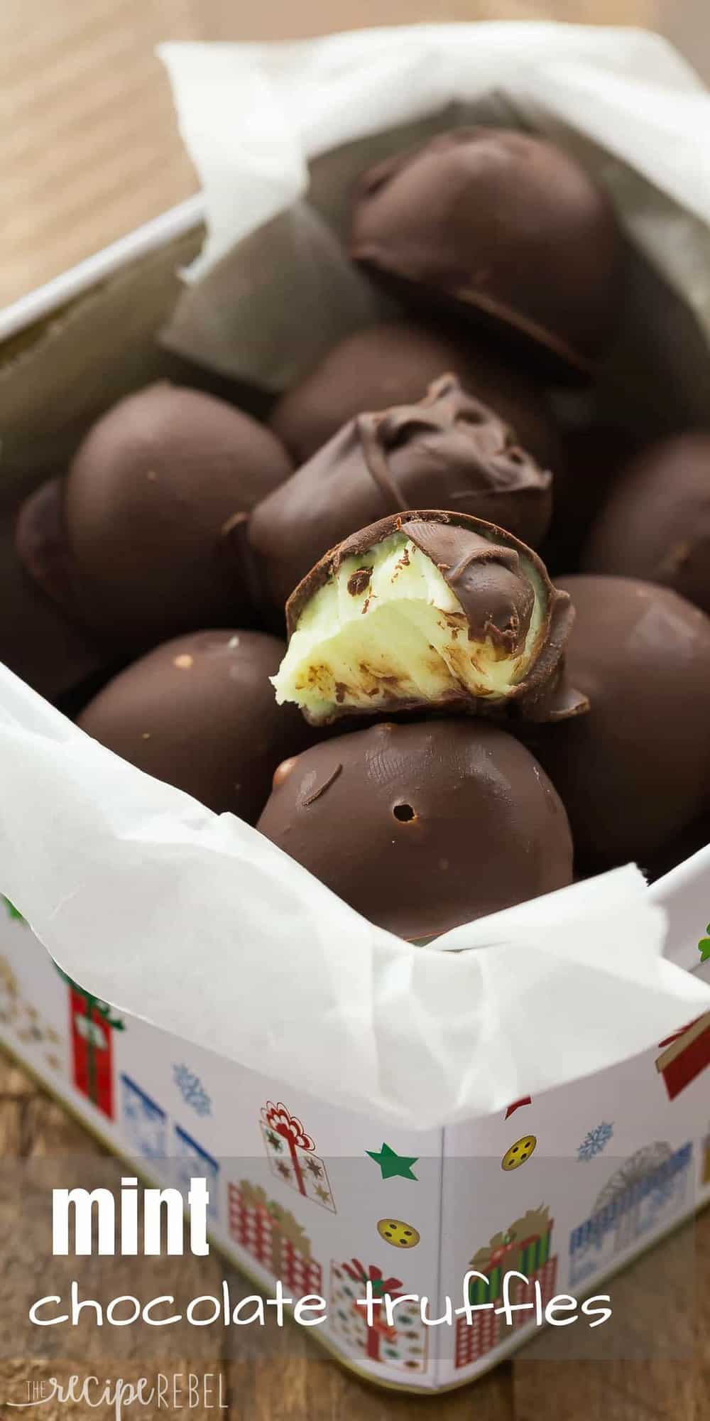 These Easy Mint Chocolate Truffles are an easy no bake Christmas dessert perfect for gift giving! They have a smooth creamy mint center and are covered in dark chocolate. Includes step by step recipe video. box of mint chocolate truffles with bite taken out of one and mint filling showing