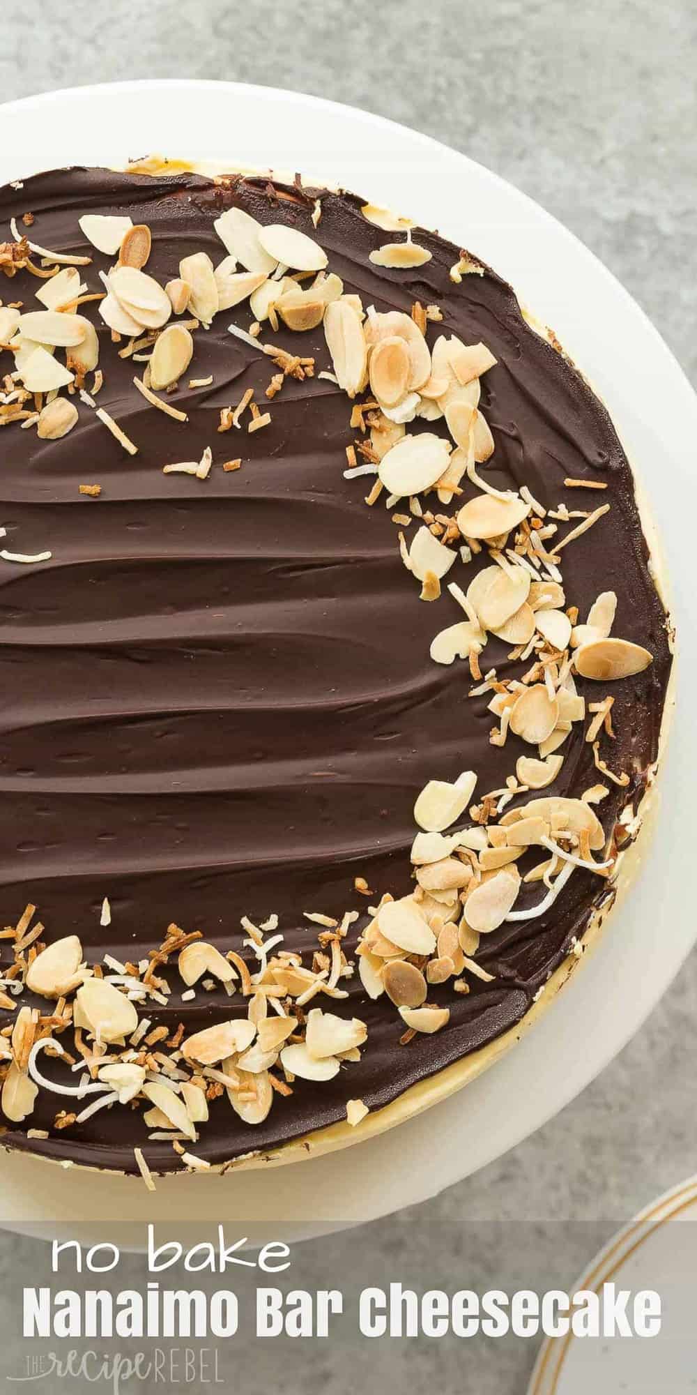 This No Bake Nanaimo Bar Cheesecake has all of the familiar flavors of the classic Nanaimo bar but in an easy no bake cheesecake! The perfect Christmas dessert (but I won't tell if you indulge year round!). Includes step by step recipe video. | no bake cheesecake | no bake dessert | chocolate | almonds | coconut