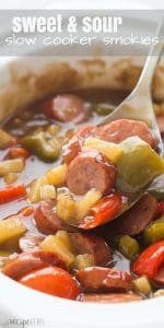 These Sweet & Sour Slow Cooker Smokies are an easy holiday appetizer or weeknight meal! Just a few minutes prep and let them cook away in the crockpot. Includes step by step recipe video. | slow cooker appetizer | slow cooker recipe | crock pot appetizer | holiday dish | game day | superbowl | potluck recipe | easy recipe