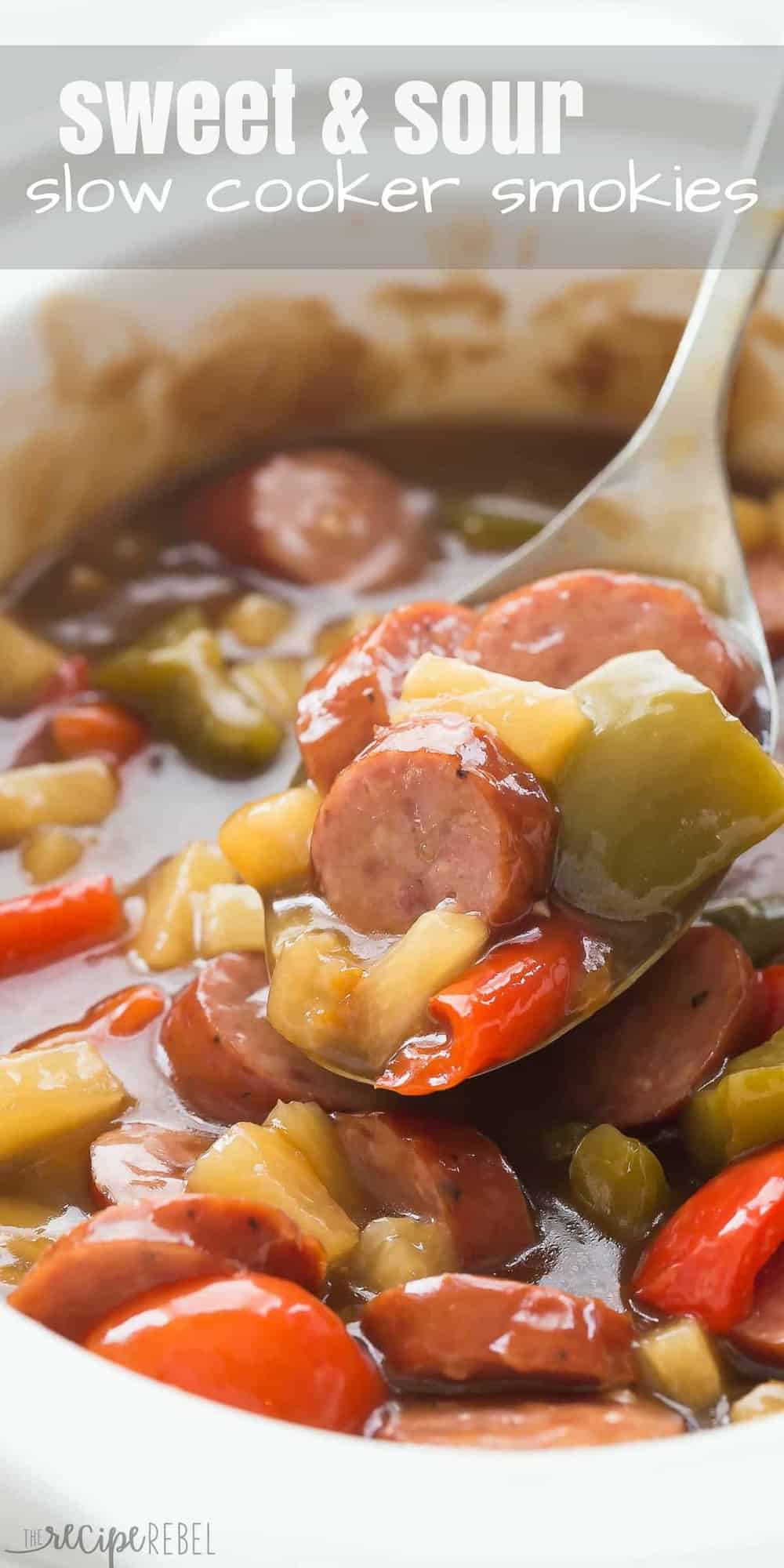 close up image of a metal spoon with sweet and sour smokies on it with pineapple and peppers