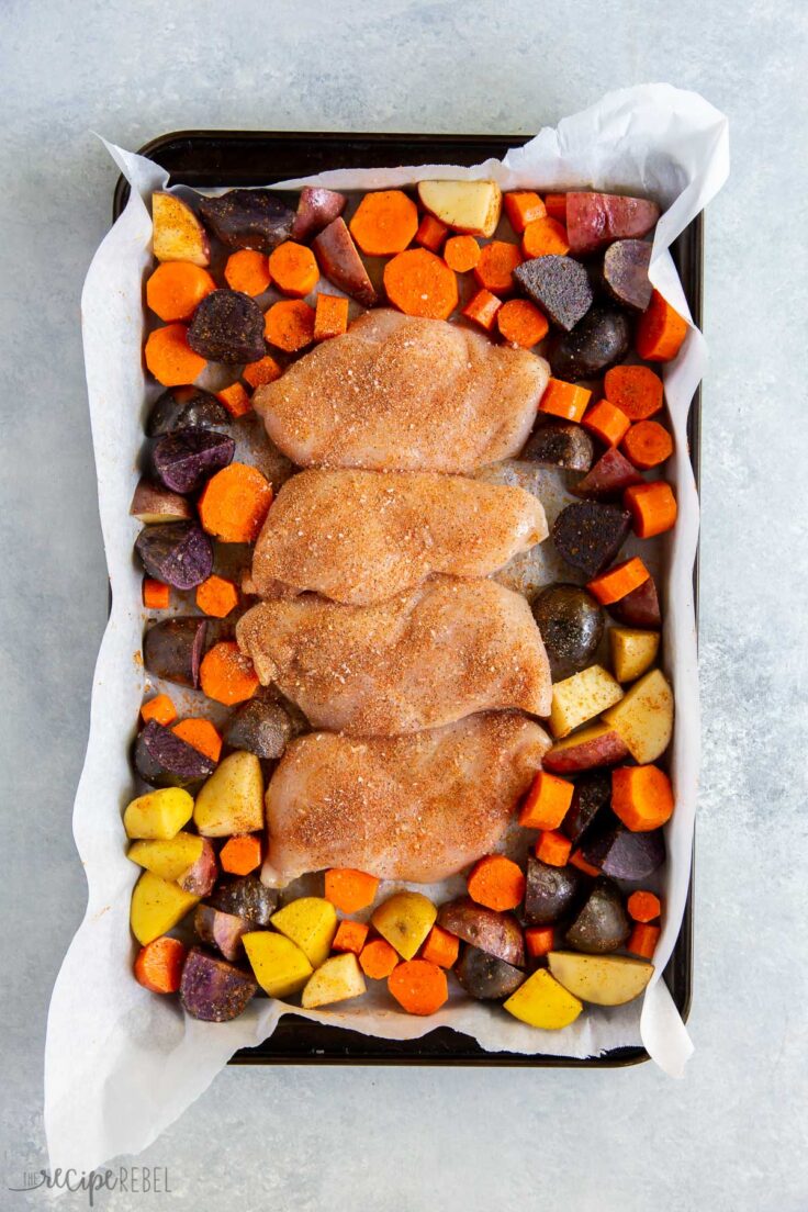 uncooked sheet pan dinner ready to go in the oven