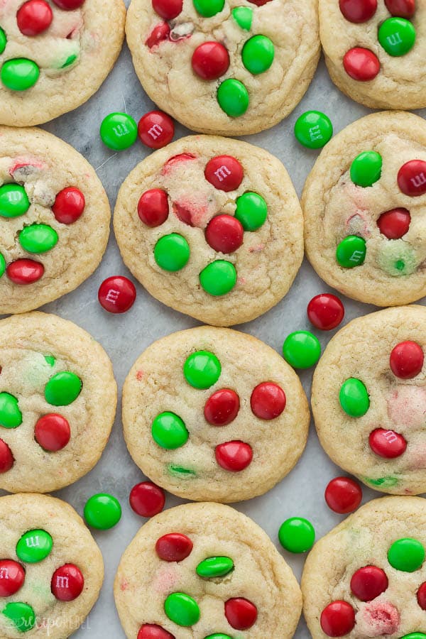 christmas m&m cookies overhead close together and close up with m&ms in between cookies