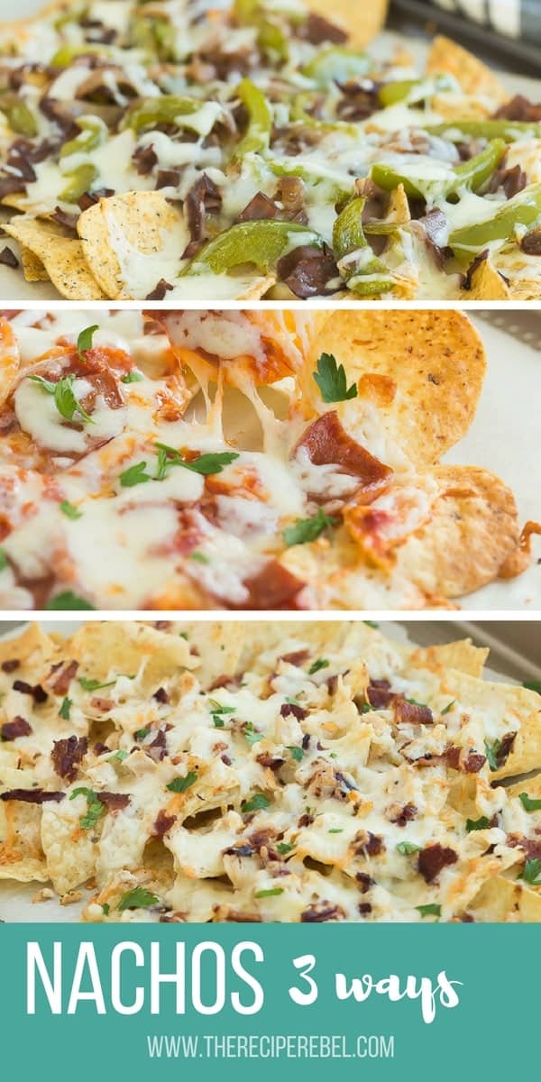 collage of 3 images with 3 different types of nachos