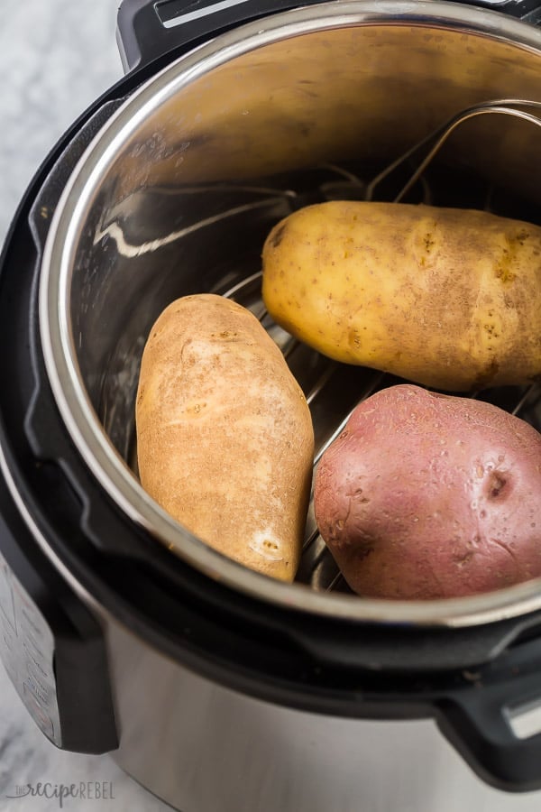 These Instant Pot Baked Potatoes are so easy, you'll never go back to the oven! Use russet or red potatoes - includes cook times for various sizes! #instantpot #pressurecooker #potato #bakedpotato #recipe pressure cooker baked potatoes in instant pot multiple kinds of potatoes