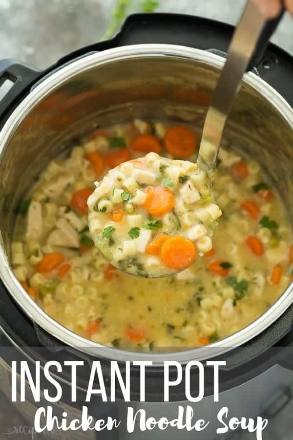 metal ladle of creamy chicken noodle soup being pulled out of instant pot