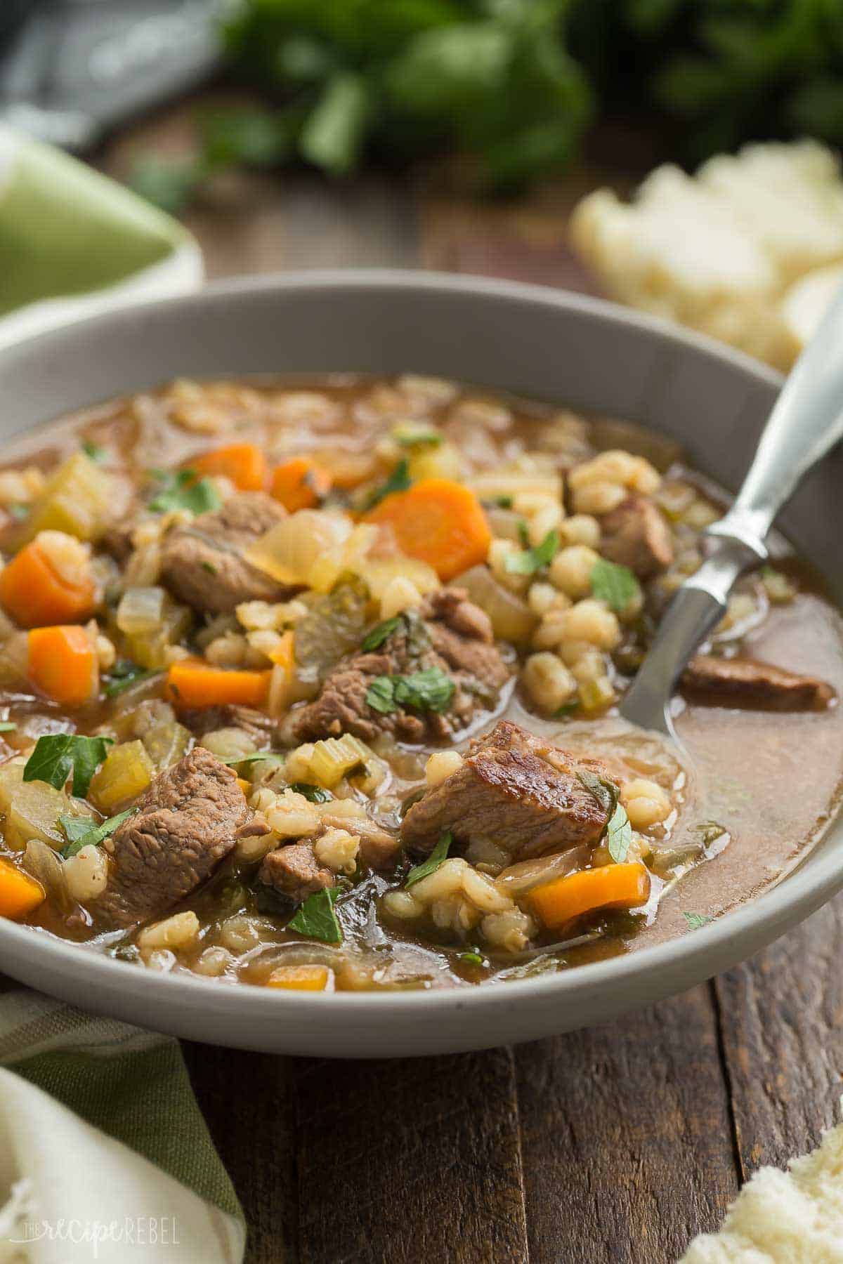This Slow Cooker Beef Barley Soup is an easy crockpot meal perfect for fall or winter! Loaded with vegetables and tender chunks of beef. Includes step by step recipe video. | slow cooker recipe | crockpot recipe | beef stew | healthy dinner recipe | low calorie | high protein | #slowcooker #crockpot #slowcookerrecipe