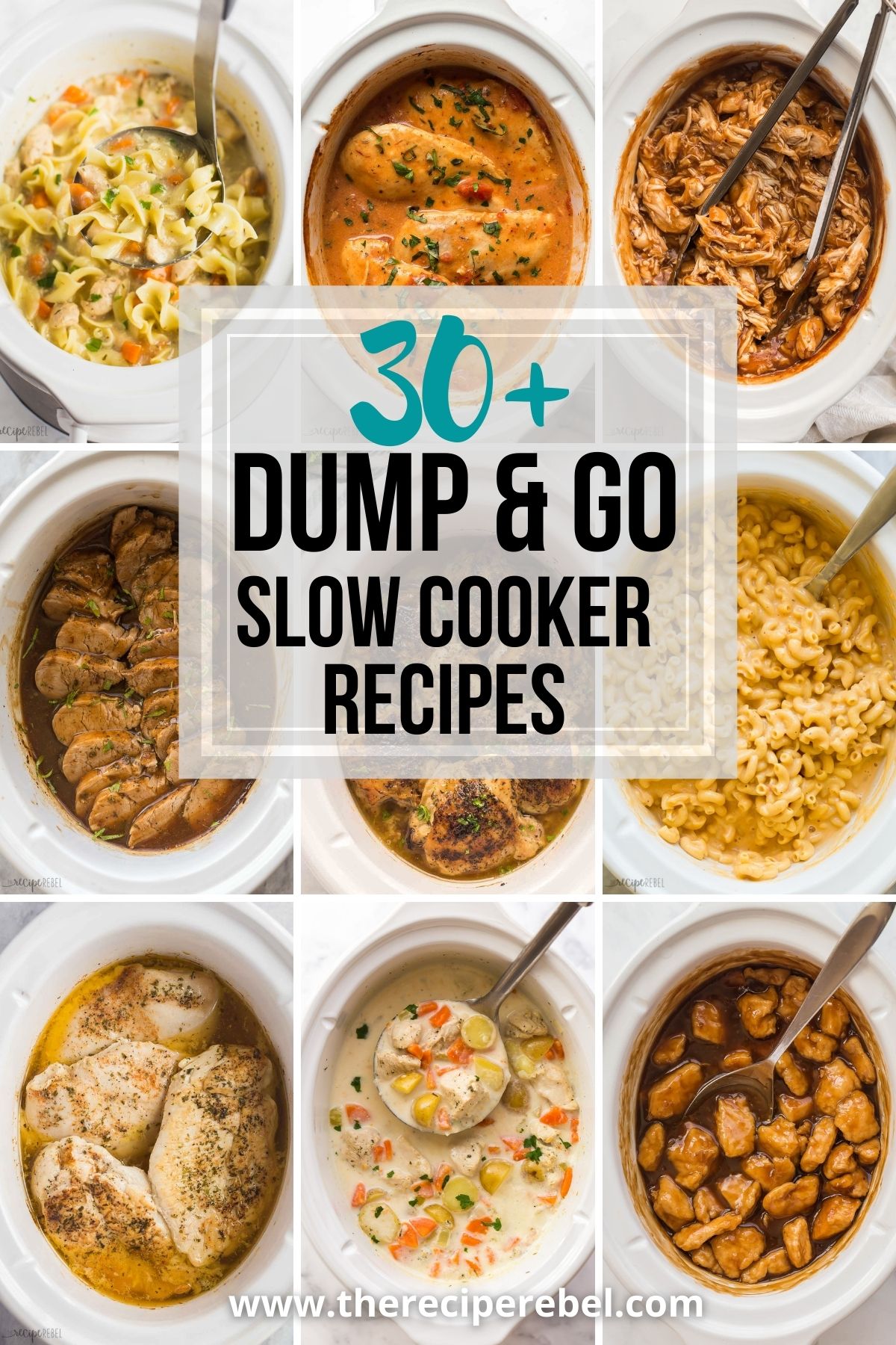 collage with nine slow cooker recipe images and dump and go slow cooker recipes title overlaid