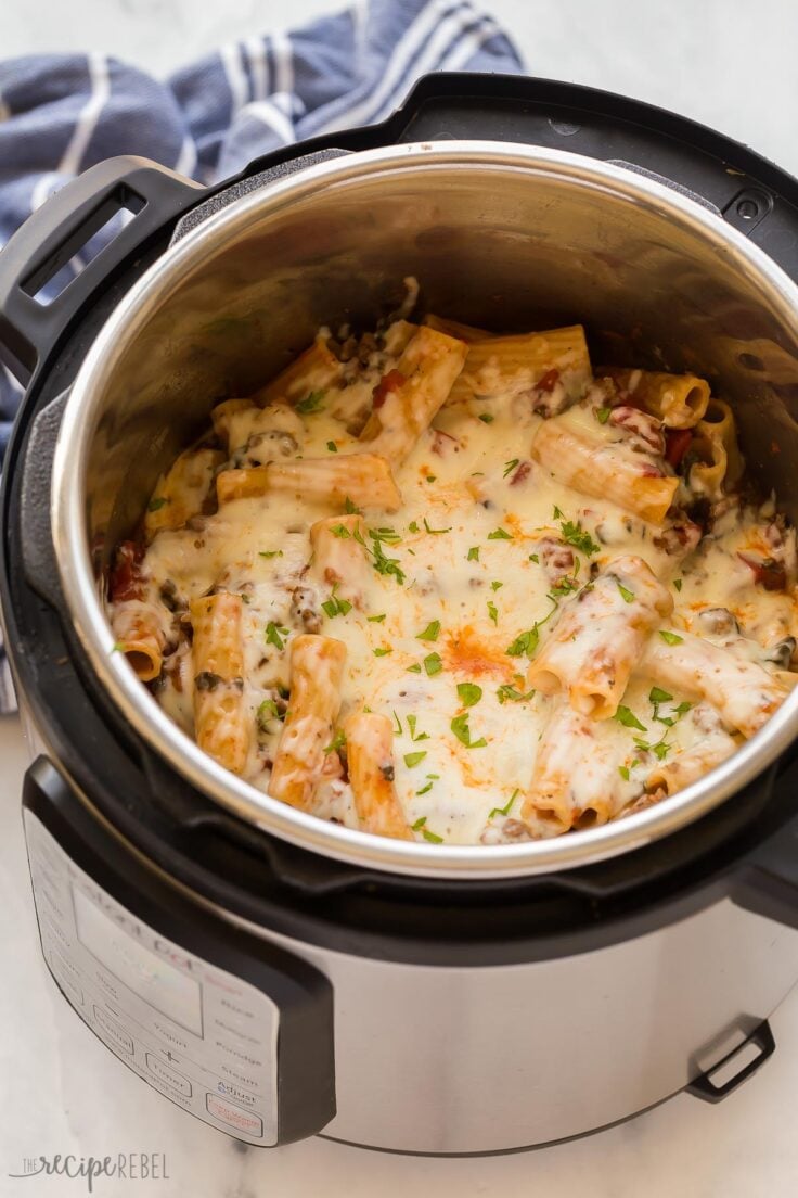 baked ziti in the instant pot with cheese on top