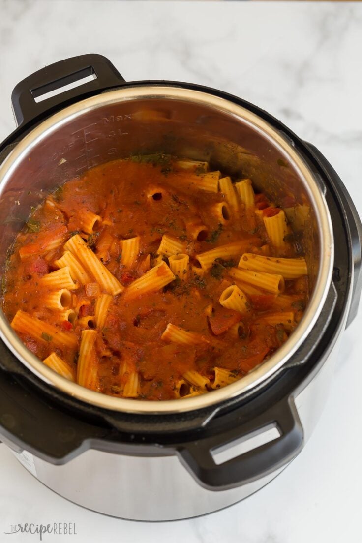 cooked instant pot baked ziti before stirring noodles