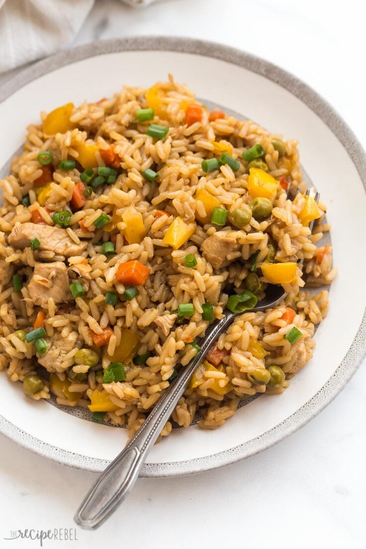 instant pot teriyaki chicken and on a white plate with fork