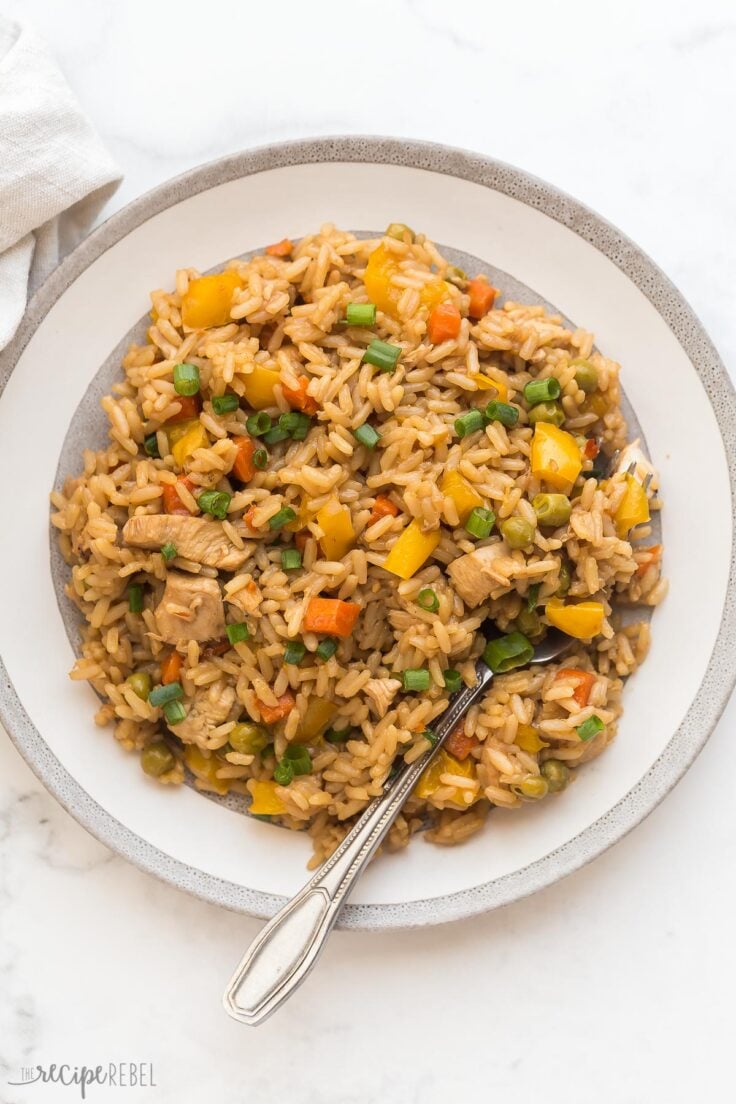 overhead image of instant pot teriyaki chicken and rice on plate