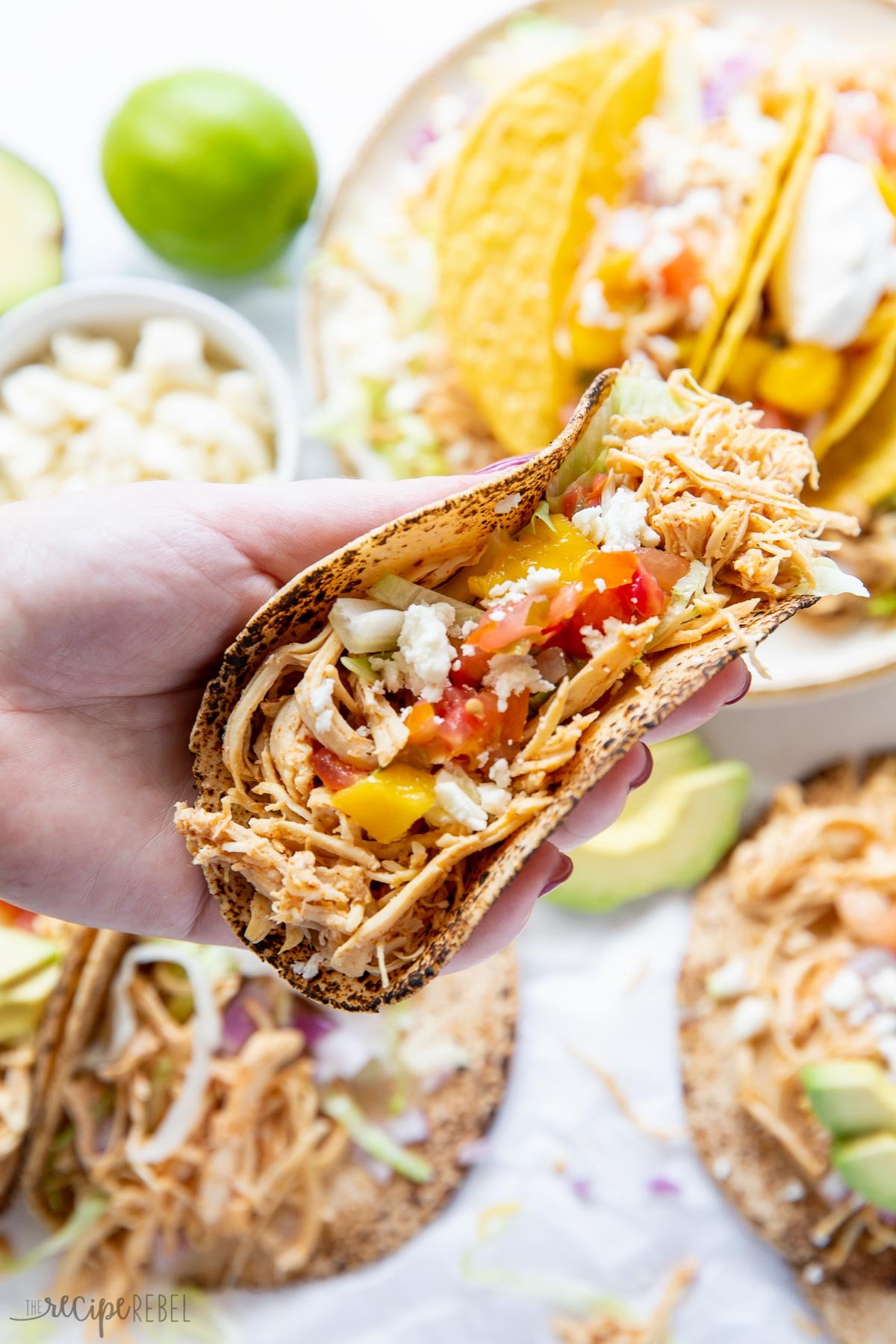 hand holding crockpot chicken taco in soft tortilla