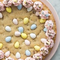 easter mini egg cookie cake whole on plate overhead