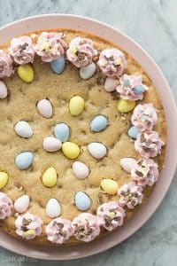 easter mini egg cookie cake whole on plate overhead