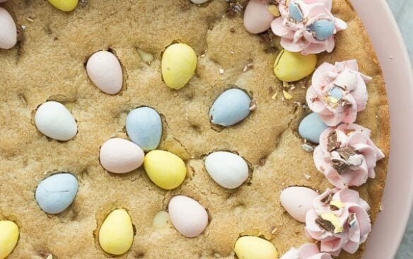 easter mini egg cookie cake whole on plate overhead