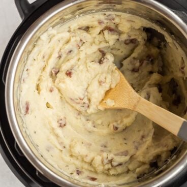 overhead image of mashed potatoes in instant pot.