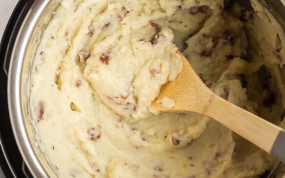 overhead image of mashed potatoes in instant pot.